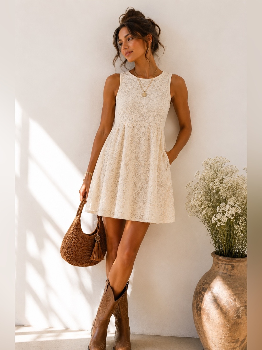 Free People Ivory Lace Mini Dress Boho Euro Summer Festival Dress Size S